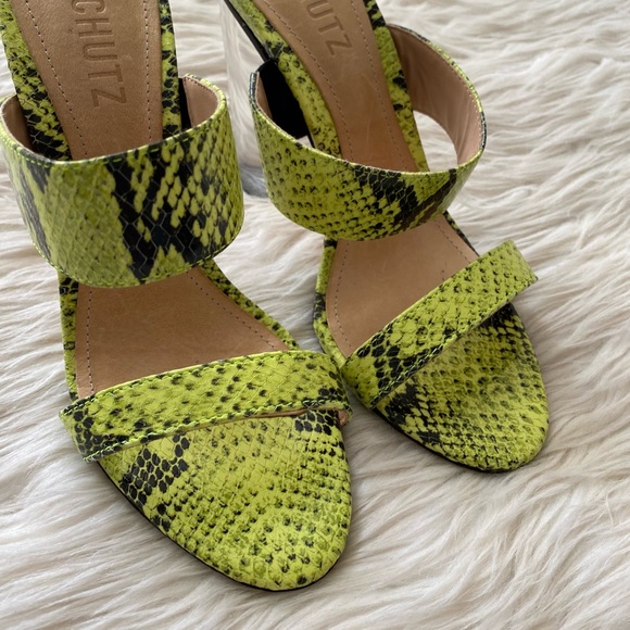 Schutz Neon Yellow Snake Print Leather Open Toe Heels - Picture 3 of 9